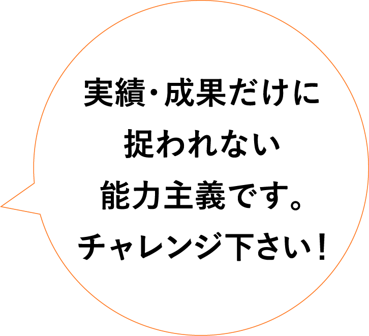 実績・成果だけに捉われない能力主義です。チャレンジ下さい！